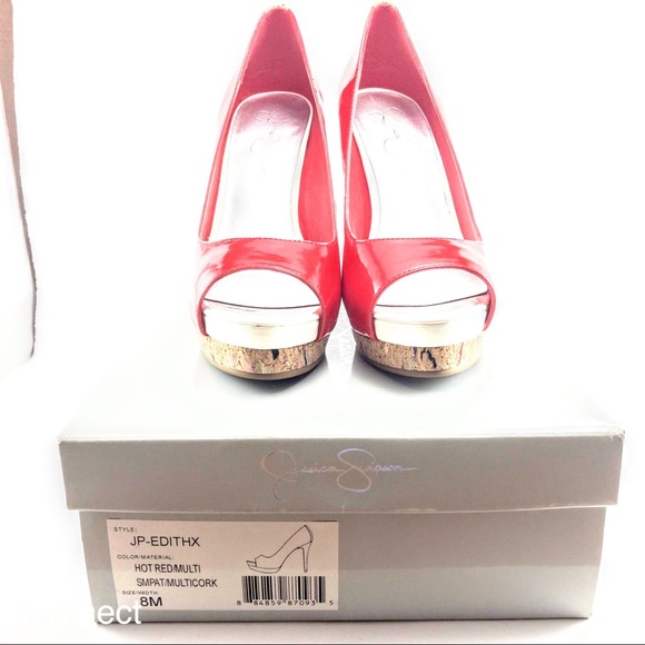 J. Simpson Red Patent Peep Toe Cork Stiletto Heels - Picture 3 of 8